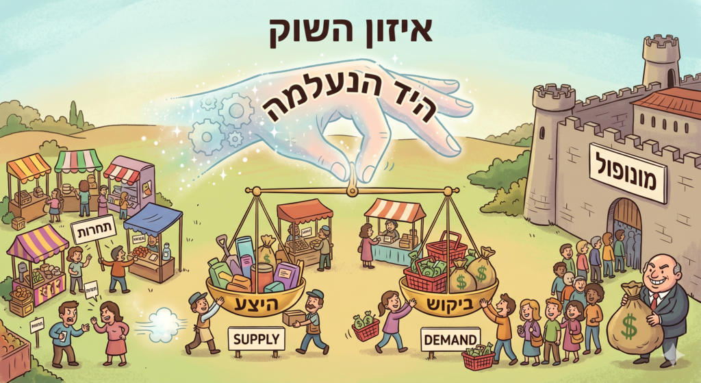 [בתמונה: היד הנעלמה בכל – איזון בין היצע לביקוש, ובין תחרות למונופול.… התמונה עובדה במערכת הבינה המלאכותית Gemini' של גוגל]