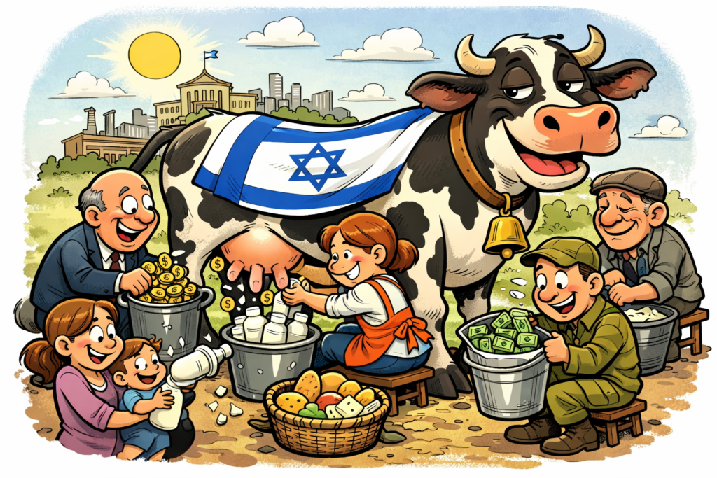 [בתמונה: "מדינת ישראל אינה פרה חולבת!"... התמונה עובדה במערכת הבינה המלאכותית של Copilot ב- Windowes]