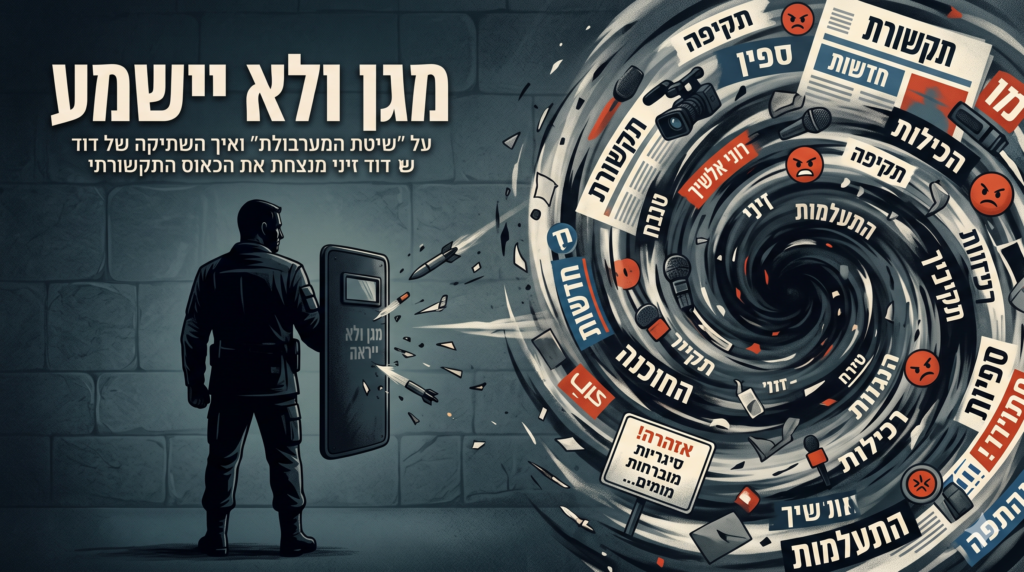 [בתמונה: "מָגֵן ולא יישמע", על 'שיטת המערבולת' והשתיקה שמנצחת אותה… התמונה עובדה במערכת הבינה המלאכותית Gemini' של גוגל]