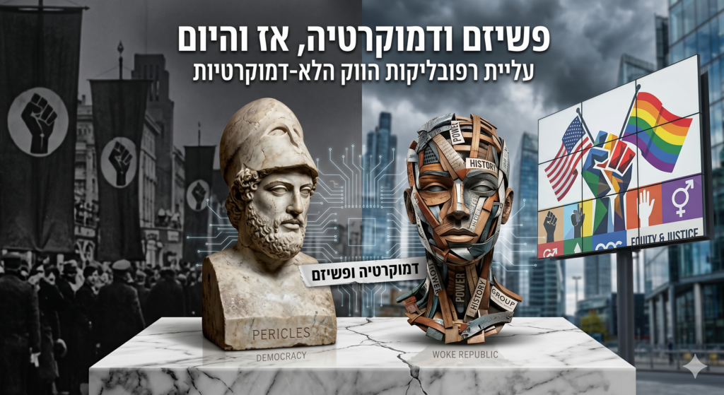[בתמונה: פשיזם ודמוקרטיה, אז והיום… התמונה עובדה במערכת הבינה המלאכותית Gemini' של גוגל]