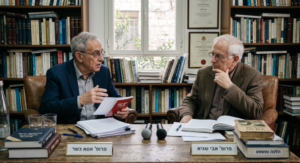 [בתמונה: כך תיארה הבינה המלאכותית את עימות הפרופסורים, בין אבי שגיא לאסא כשר… התמונה עובדה במערכת הבינה המלאכותית Gemini' של גוגל]