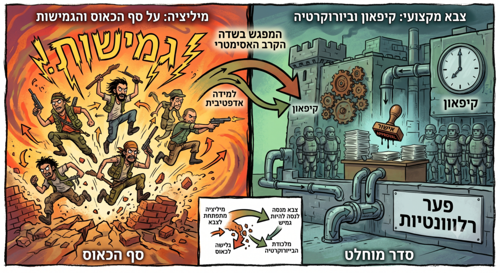 [בתמונה: מיליציה מול צבא מקצועי, בין סף הכאוס לקיפאון בירוקרטי… התמונה עובדה במערכת הבינה המלאכותית Gemini' של גוגל]