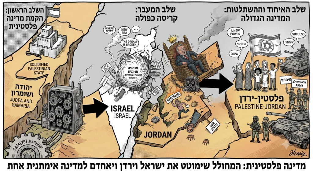 [בתמונה: הקמת מדינה פלסטינית ביהודה ושומרון אינה מהווה סוף הסכסוך, אלא משמשת כמחולל השינוי האסטרטגי (השלב הראשון) המשנה מן היסוד את מאזן העוצמה האזורי, שיסתיים במדינה פלסטינית אימתנית, מהים עד המדבר... התמונה עובדה במערכת הבינה המלאכותית Gemini' של גוגל]