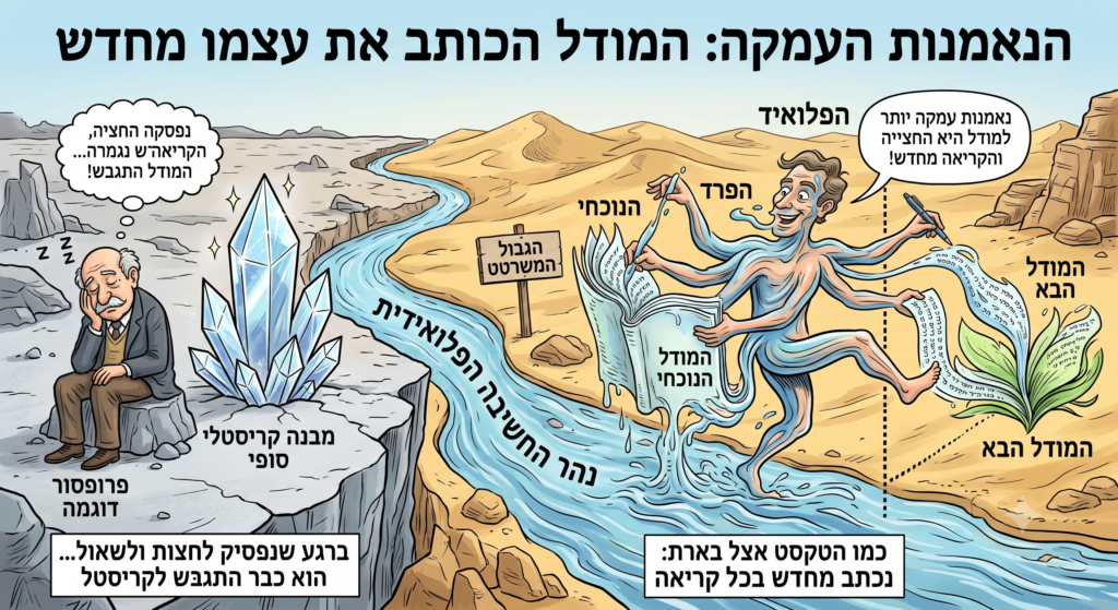 [בתמונה: השאלה הארגונית אינה "איזה תפקיד חסר לנו", ואפילו לא "איזה ארכיטיפ אני?". היא: איזה סוג עבודה נדרש מאיתנו כרגע, באיזה מרחב, ומי מאיתנו פתוח לנוע לשם, כדי לחבר את החלקים מחדש?… התמונה עובדה במערכת הבינה המלאכותית Gemini' של גוגל]