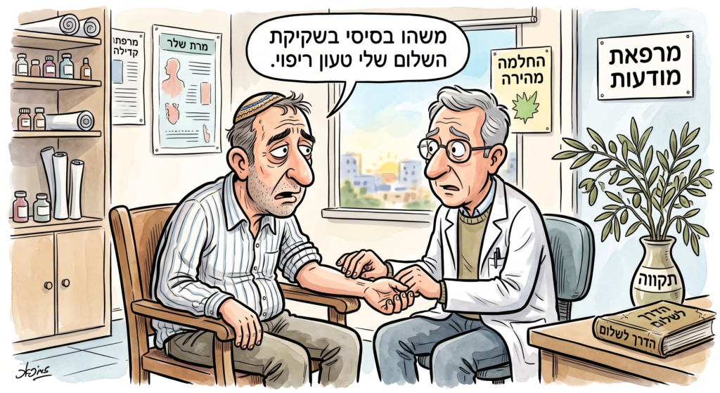 [בתמונה: משהו בסיסי בשקיקת השלום הישראלית טעון ריפוי... התמונה עובדה במערכת הבינה המלאכותית Gemini' של גוגל]