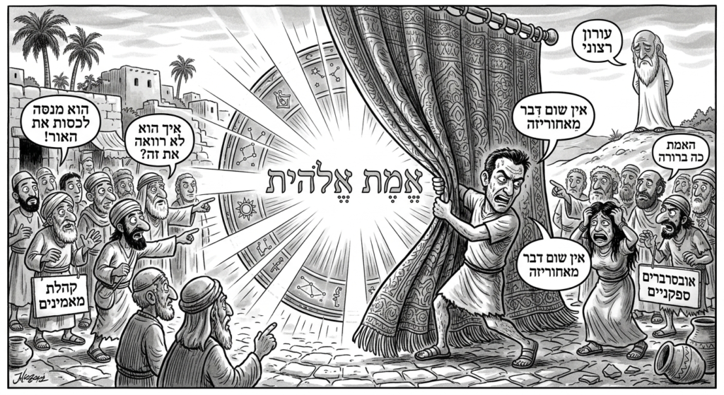 [בתמונה: בעיני האיסלאם הפוליטי, האתאיסט הוא מי שמכסה ומסתיר את האמת הברורה מאליה... התמונה עובדה במערכת הבינה המלאכותית Gemini' של גוגל]