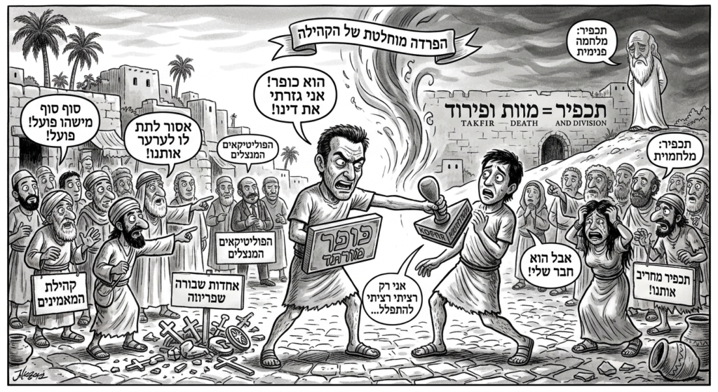 [בתמונה: מורתד או חילוני שהוכרז ככופר מאבד את זכויותיו האזרחיות-דתיות: נישואיו מבוטלים אוטומטית (מכיוון שאישה מוסלמית אינה יכולה להיות נשואה לנוכרי/כופר), הוא מאבד את זכות הירושה, וילדיו יכולים להילקח ממנו.… התמונה עובדה במערכת הבינה המלאכותית Gemini' של גוגל]
