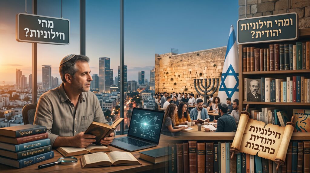 [בתמונה: בין חילוניות כללית לחילוניות יהודית… התמונה עובדה במערכת הבינה המלאכותית Gemini' של גוגל]