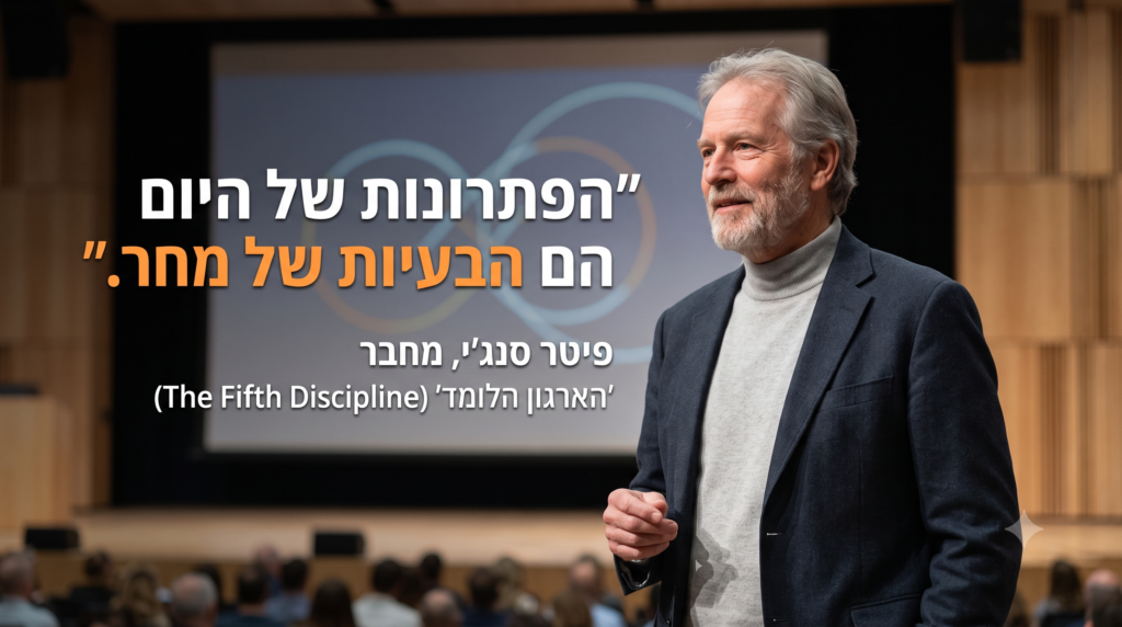 [בכרזה: הפתרונות של היום הן הבעיות של מחר (פיטר סנג'י)... התמונה עובדה במערכת הבינה המלאכותית Gemini' של גוגל]