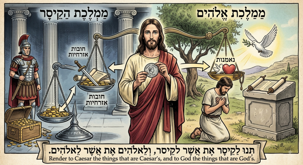 [בתמונה: המשפט המיוחס לישו, "תנו לקיסר את אשר לקיסר ולאלוהים את אשר לאלוהים", הניח את התשתית הרעיונית להפרדה העתידית בין דת למדינה, הפרדה שאפשרה לחילוניות לצמוח.… התמונה עובדה במערכת הבינה המלאכותית Gemini' של גוגל]
