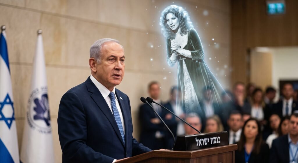[בתמונה: אפקט סטרייסנד של נאום נתניהו... התמונה עובדה במערכת הבינה המלאכותית Gemini' של גוגל]