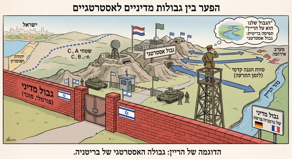 [בתמונה: ביקשתי מהבינה המלאכותית להמחיש בתמונה את הפער שבין גבולות מדיניים לאסטרטגיים... זו התוצאה. התמונה עובדה במערכת הבינה המלאכותית Gemini' של גוגל]