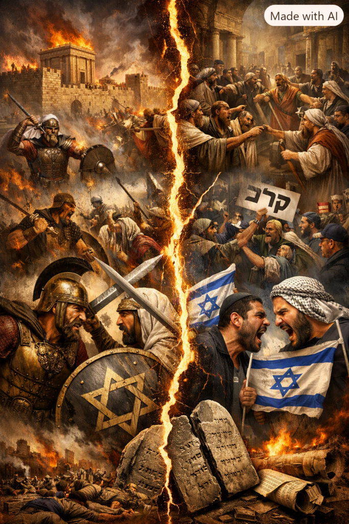 [בתמונה: לעתים מזומנות, הקרע הפנימי היווה איום קיומי חמור לא פחות מהצבאות שניצבו מחוץ לחומות.... התמונה עובדה במערכת הבינה המלאכותית של Copilot ב- Windowes]