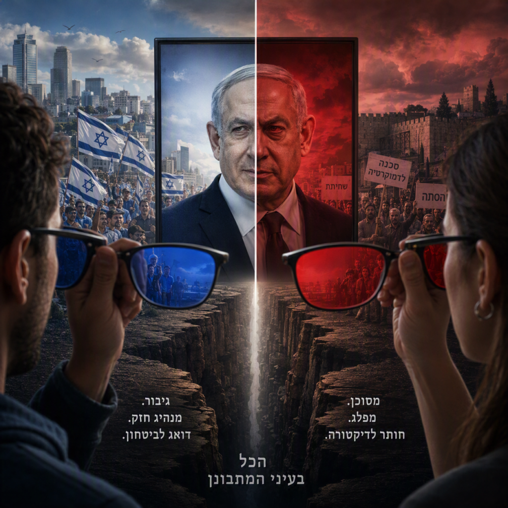 [בתמונה: במערב וגם בישראל, השסע הפוליטי נעשה עמוק כל כך, עד שהכל נותר בעיני המתבונן: הלגיטימיות של מנהיג הפכה להיות תלויה בזהותו של מי שמביט בו... התמונה עובדה במערכת הבינה המלאכותית של DALL·E ב- Microsoft Bing]