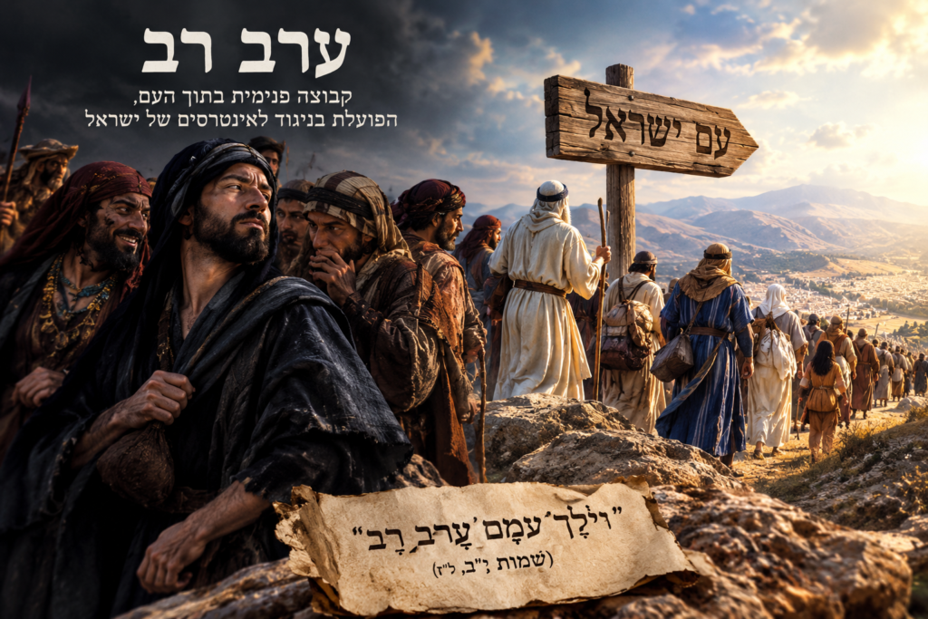 [בתמונה: המונח 'ערב רב' מופיע לראשונה בספר שמות, שם מוזכרת קבוצת אנשים שהתלוותה לעם ישראל ביציאת מצרים, אך לאורך הדורות המונח קיבל פרשנויות מגוונות בהגות היהודית. ... התמונה עובדה במערכת הבינה המלאכותית של chatgpt]