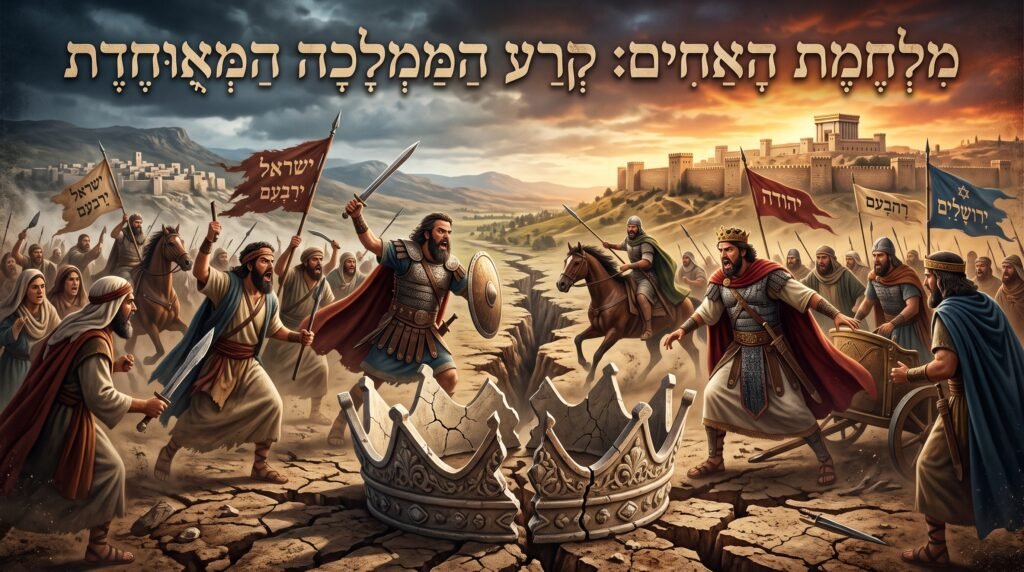 [בתמונה: ממלכה חצויה, מלחמת האחים לאחר מות שלמה... התמונה עובדה במערכת הבינה המלאכותית Gemini' של גוגל]