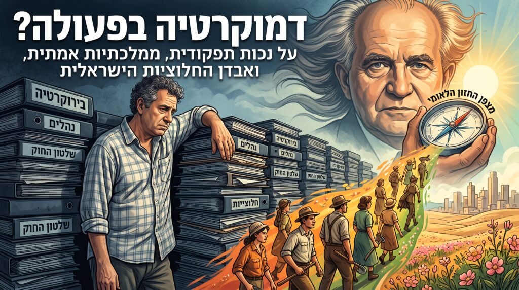 [בתמונה: אם דמוקרטיה נדונה לנכות תפקודית? התמונה עובדה במערכת הבינה המלאכותית Gemini' של גוגל]