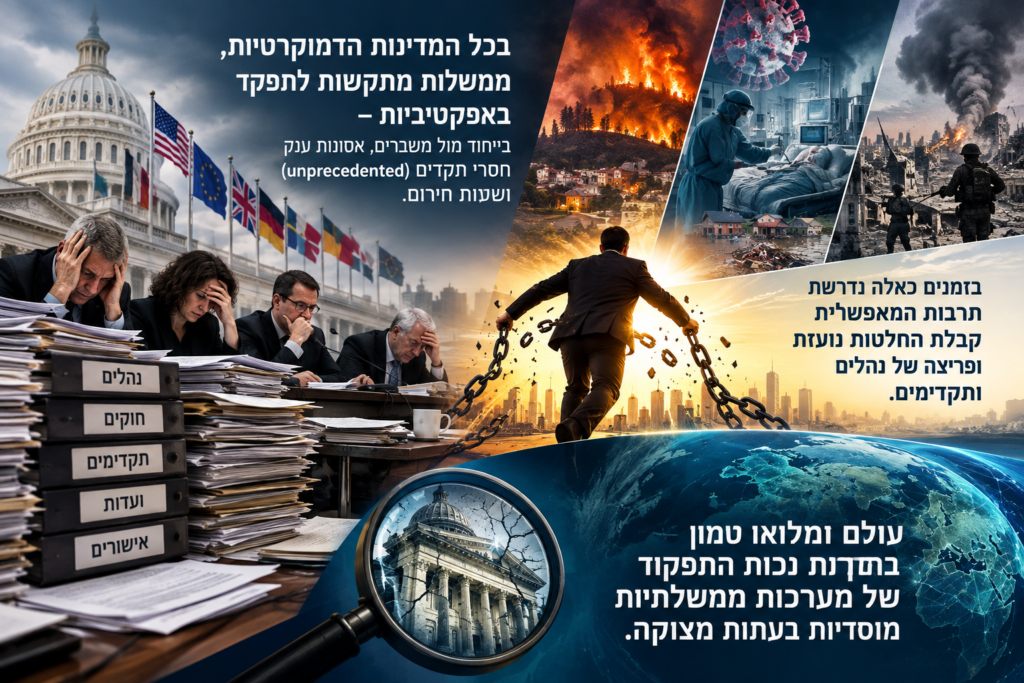 [בתמונה: בכל המדינות הדמוקרטיות, ממשלות מתקשות לתפקד באפקטיביות... התמונה עובדה במערכת הבינה המלאכותית של chatgpt]