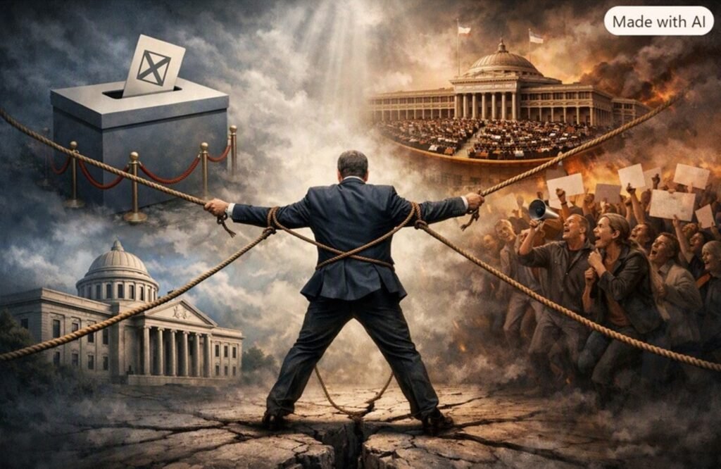 [בתמונה: במדע המדינה ראוי להבחין בין ארבעה סוגי לגיטימציה של שליט... התמונה עובדה במערכת הבינה המלאכותית של Copilot ב- Windowes]