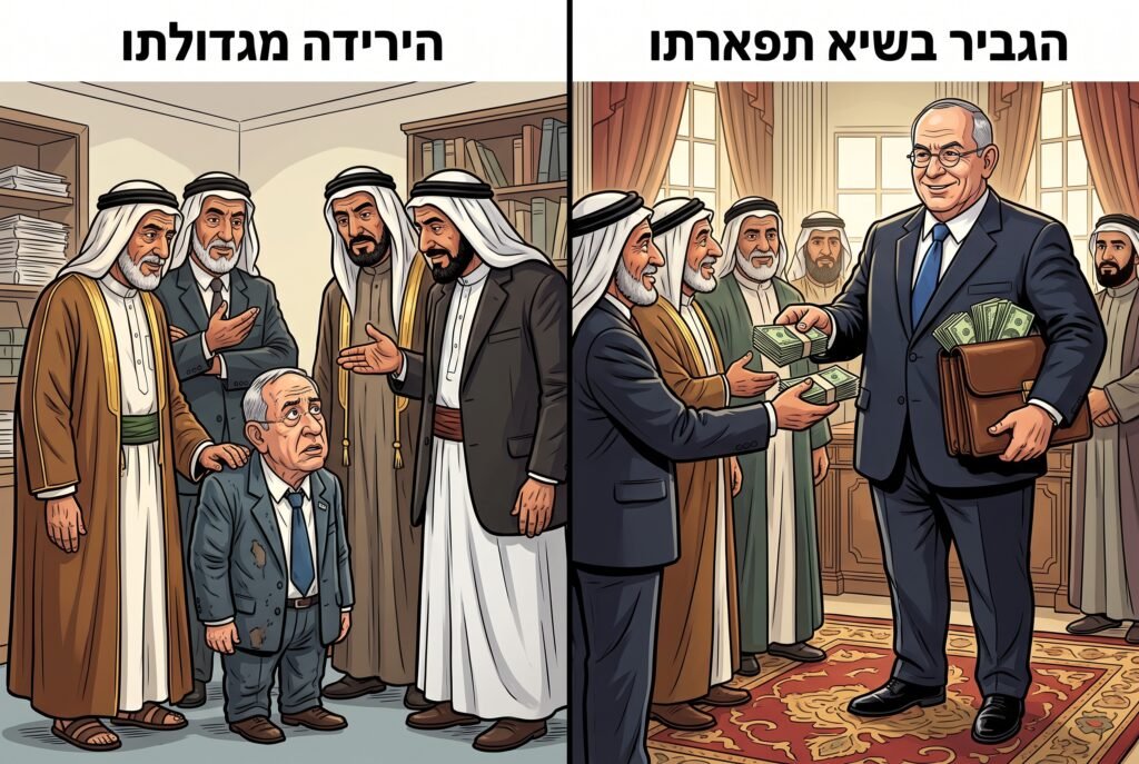 [בתמונה: הגביר ירד מגדולתו. ב'ממשלת השינוי' היה סגלוביץ' הגביר שחילק כסף. עתה, הוא בן החסות הבזוי, ה'דימי' שפועל בשליחות המוסלמים... התמונה עובדה במערכת הבינה המלאכותית Gemini' של גוגל]