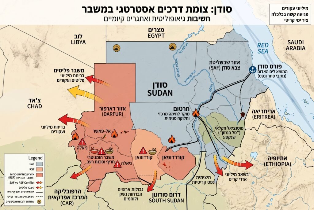 [בתמונה: מפה גיאו-אסטרטגית של סודן... התמונה עובדה במערכת הבינה המלאכותית Gemini' של גוגל]